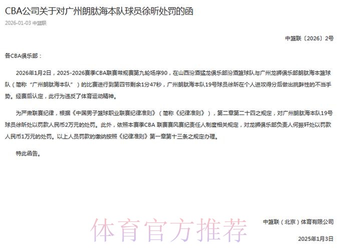 CBA官宣罚单：徐昕做出挑衅性的不当手势处罚人民币2万元